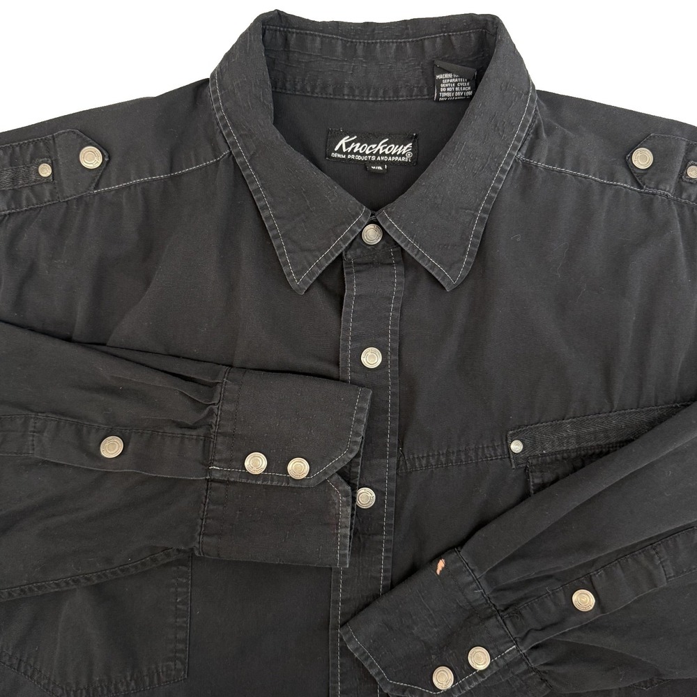 Knockout Men's Shirt Large Black Tribal Wolf Embroidery Y2K Mall Goth Distressed